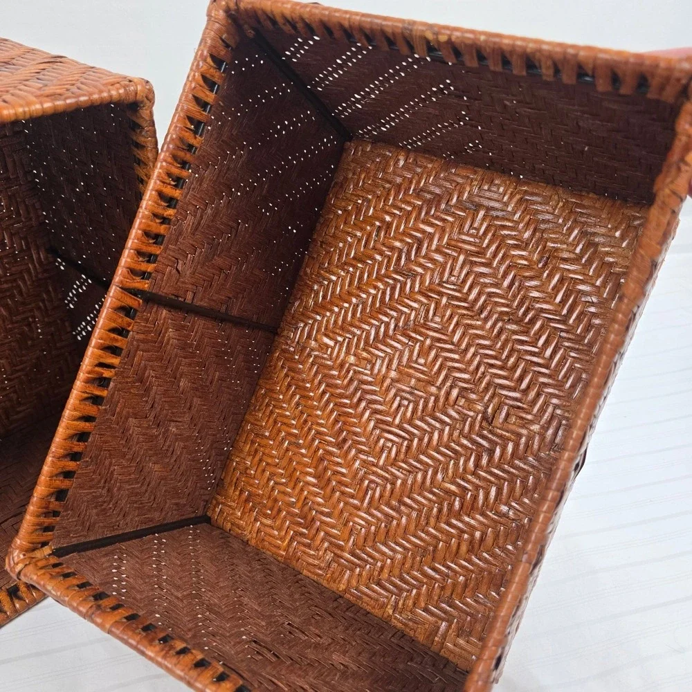 Set of 2 Woven Wicker Storage Baskets Brown Chevron Sloped‎ Farmhouse Organizer